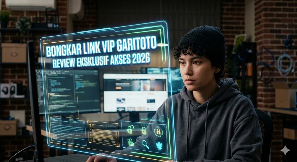 Seseorang mengenakan beanie dan hoodie menatap serius ke layar hologram neon biru bertuliskan "BONGKAR LINK VIP GARITOTO REVIEW EKSKLUSIF AKSES 2026" di dalam ruangan remang-remang yang penuh dengan monitor komputer.