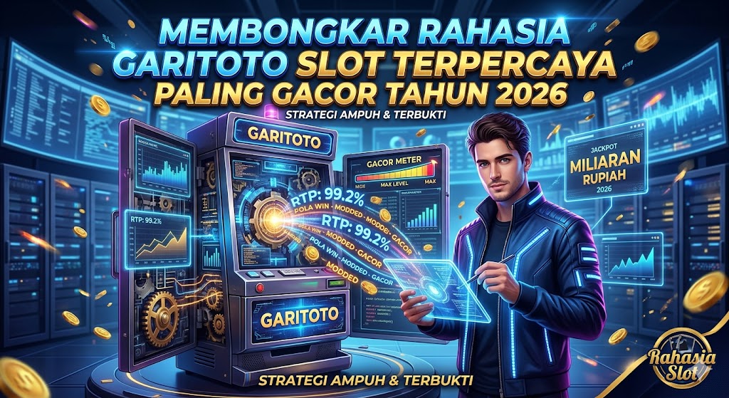 Ilustrasi pria futuristik memegang tablet hologram sedang menganalisis mesin slot digital Garitoto dengan layar data RTP 99.2%, dikelilingi koin emas beterbangan dan teks judul "Membongkar Rahasia Garitoto Slot Terpercaya Paling Gacor Tahun 2026".